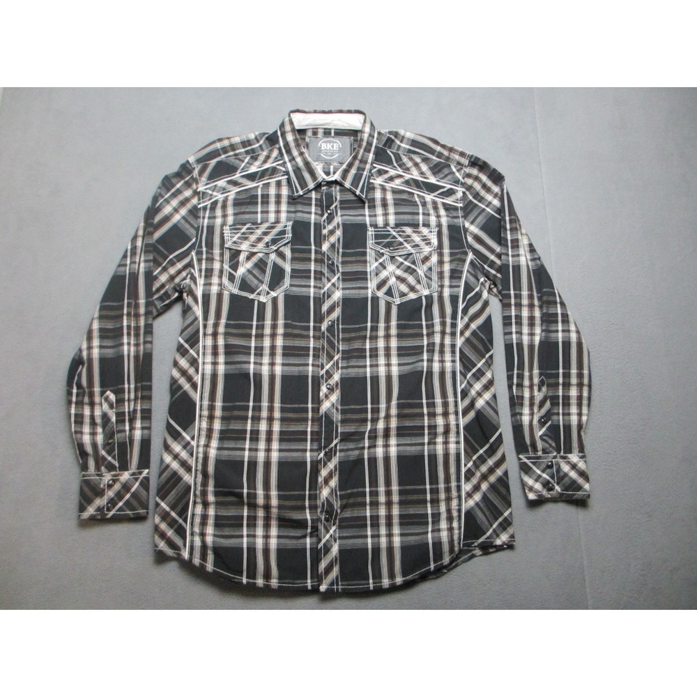 Buckle BKE Shirt Mens 2XL Black Brown Plaid Plainstown Athletic Fit Pearl Snap